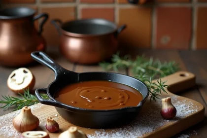 Sauce de cèpes maison dans une poêle en fonte avec des cèpes surgelés sur une planche en bois rustique