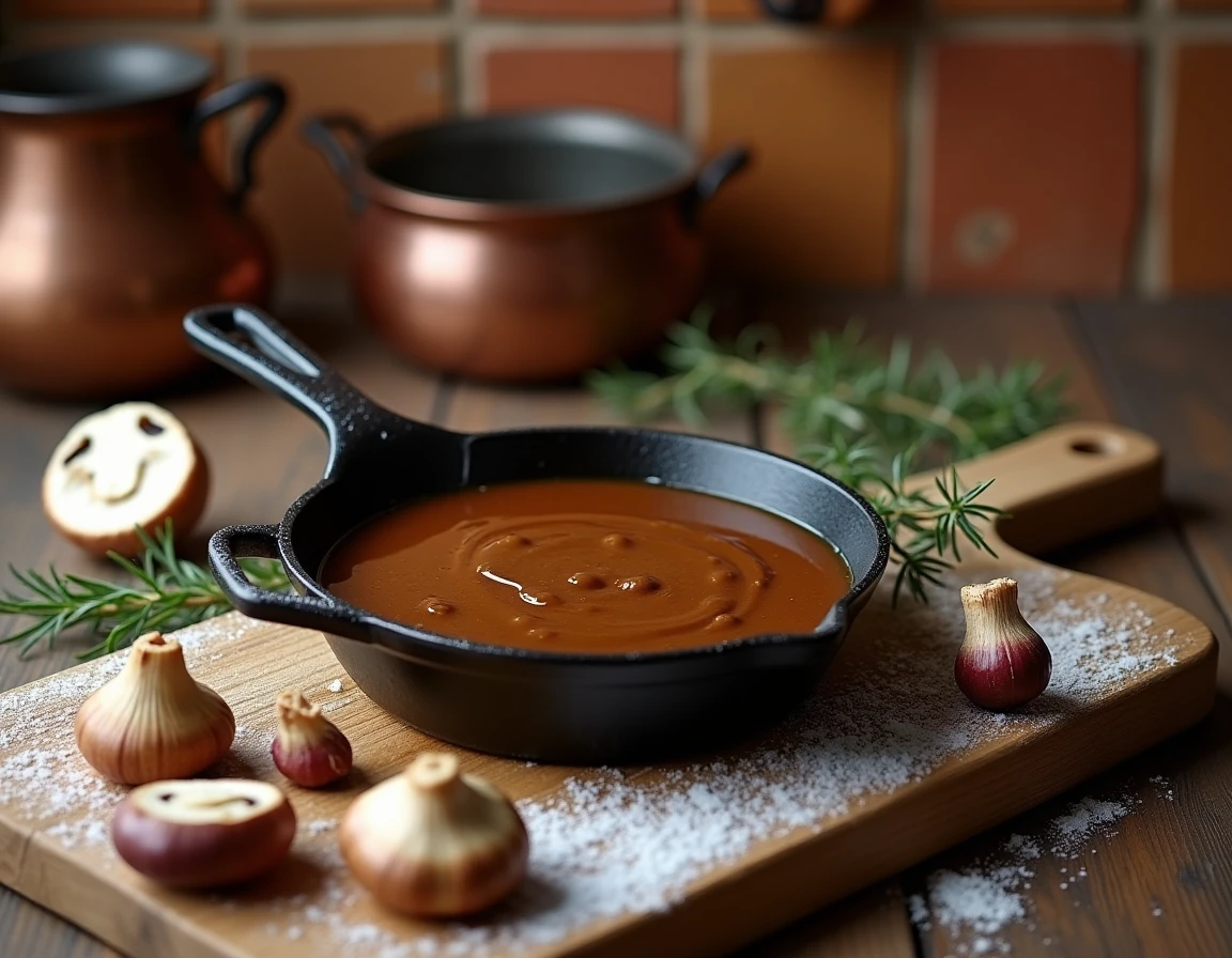 Sauce de cèpes maison dans une poêle en fonte avec des cèpes surgelés sur une planche en bois rustique