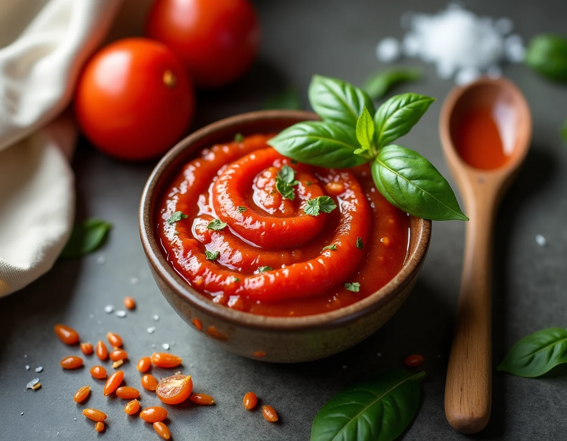 Bol en céramique rustique rempli de sauce tomate crue San Marzano avec basilic frais et huile d'olive