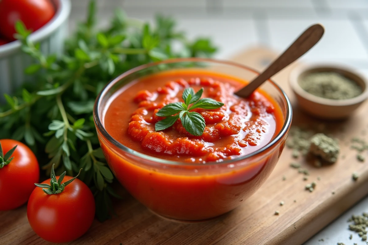 Vue de dessus d'une sauce tomate maison avec des brins d'origan frais et séché sur une table en bois