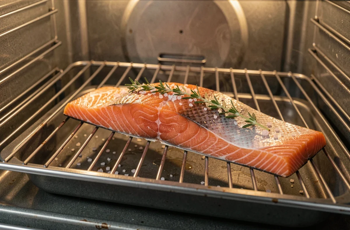 Filet de saumon peau vers le haut sur grille dans un four domestique en cours de cuisson, sel de mer et thym frais visibles sur la peau dorée