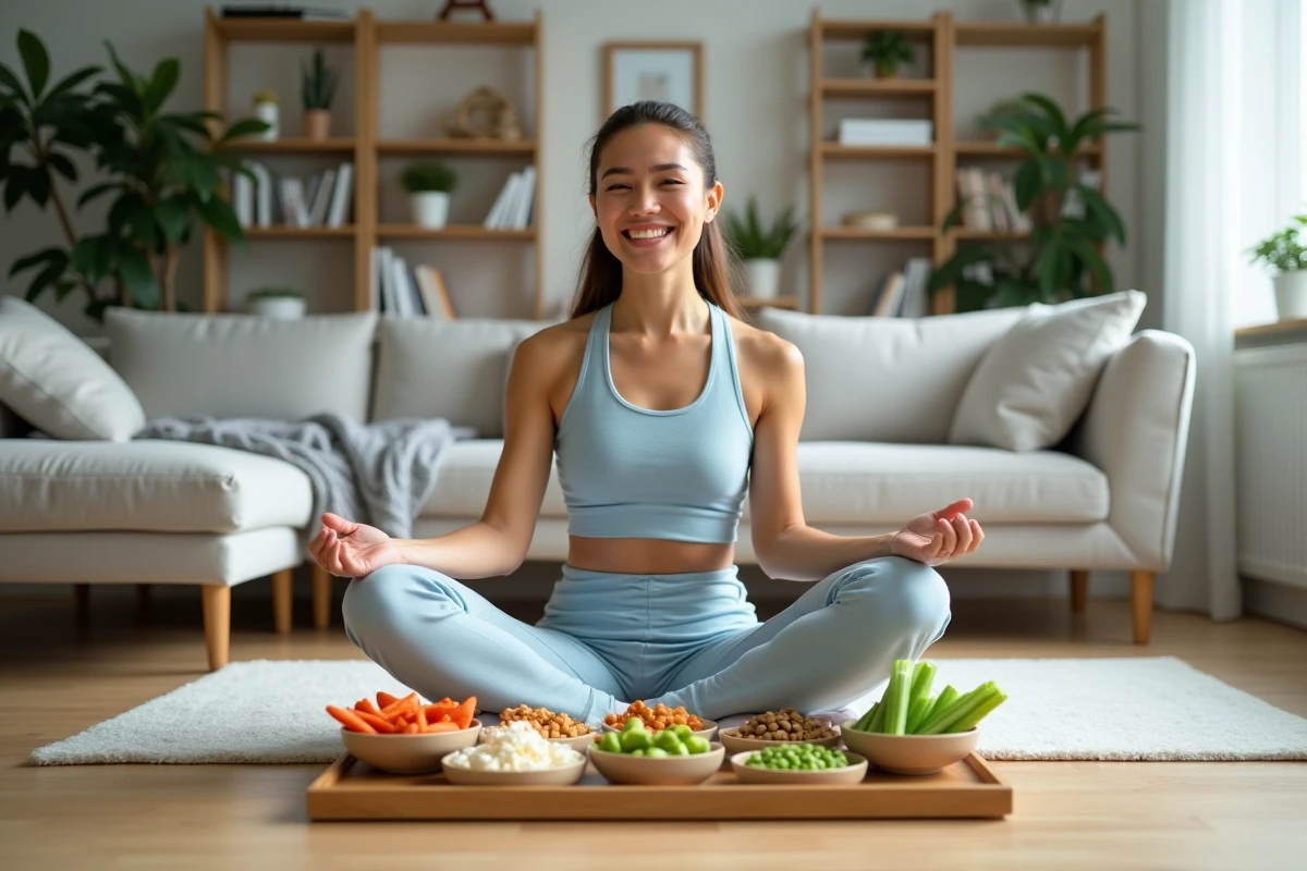 Jeune femme grignotant de grandes portions de snacks sains et peu caloriques dans un appartement minimaliste