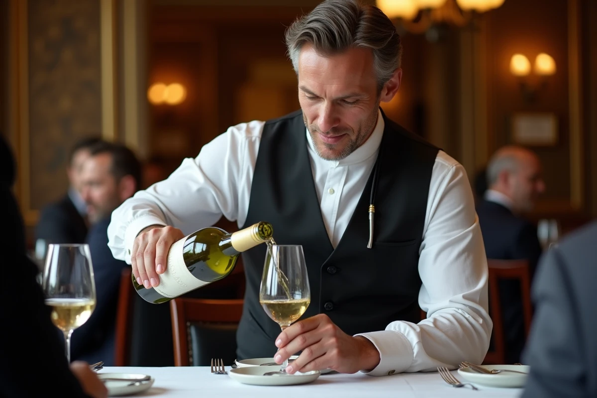 Sommelier versant un Chablis dans un verre à vin dans un restaurant gastronomique parisien élégant