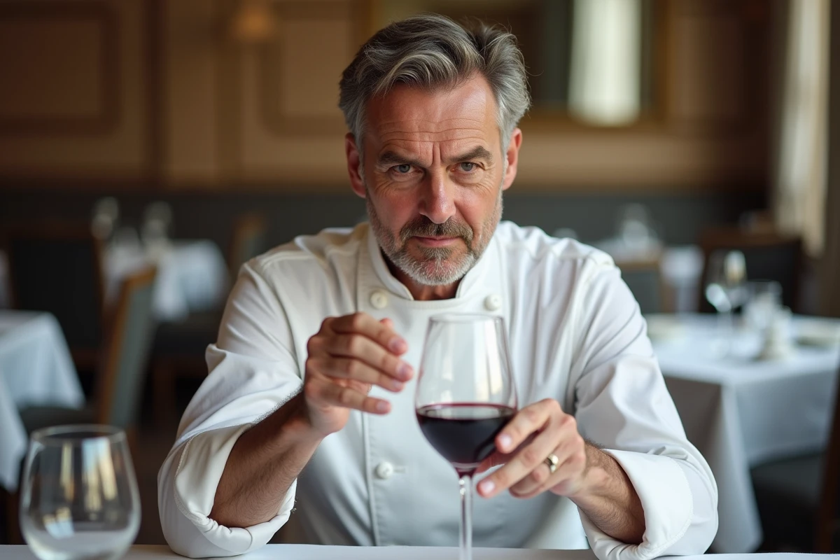 Sommelier expérimenté examinant un verre de vin rouge âgé de 40 ans dans un restaurant gastronomique français