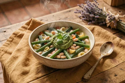Bol de soupe au pistou provençale maison avec légumes colorés et sauce pistou verte sur table en bois rustique