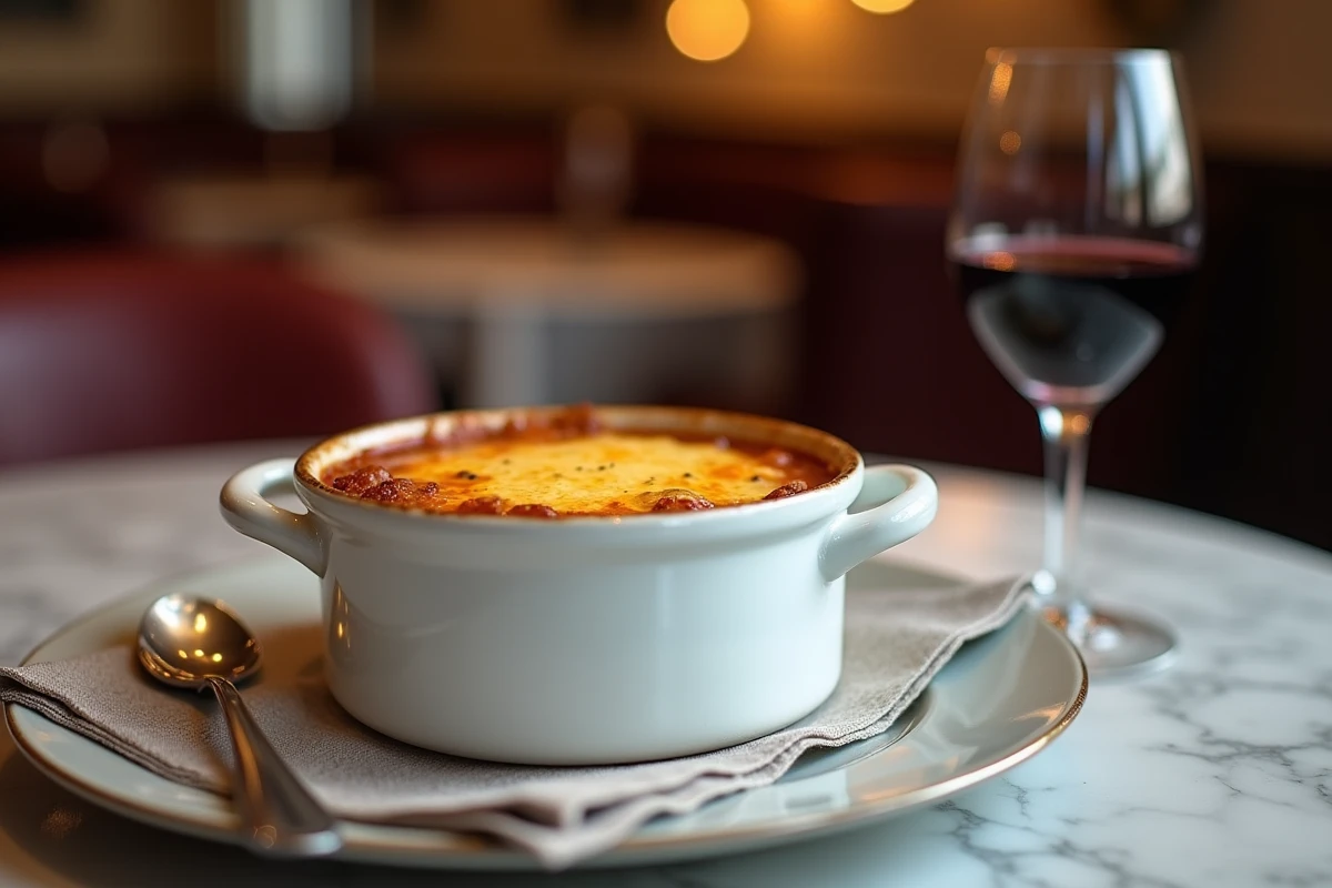 Soupe à l'oignon française gratinée dans un bol en céramique blanche avec fromage Gruyère fondu, servie dans une brasserie parisienne