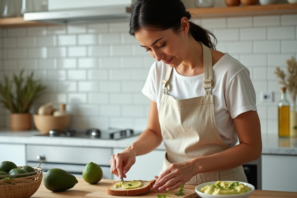 Femme étalant une alternative saine au beurre à base d'avocat sur du pain complet dans une cuisine moderne, pour lutter contre l'hypercholestérolémie