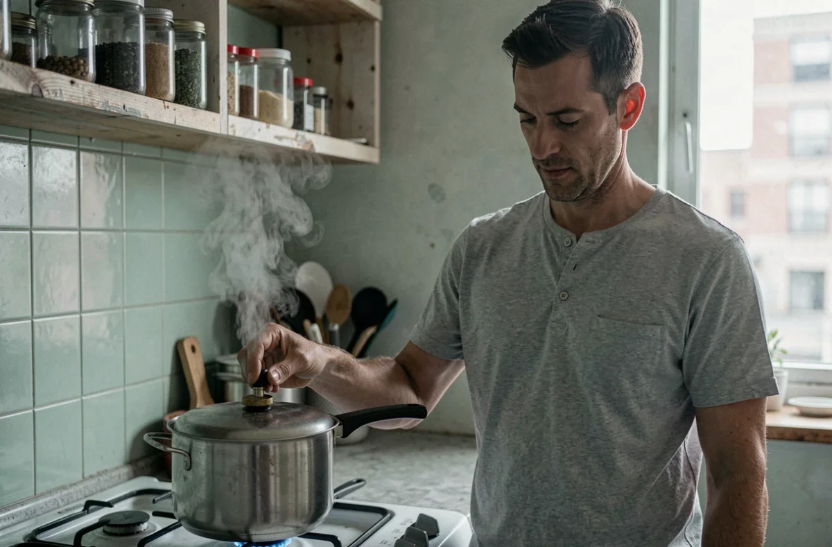 Homme surveillant la cuisson de haricots verts dans une cocotte-minute sur une cuisinière à gaz