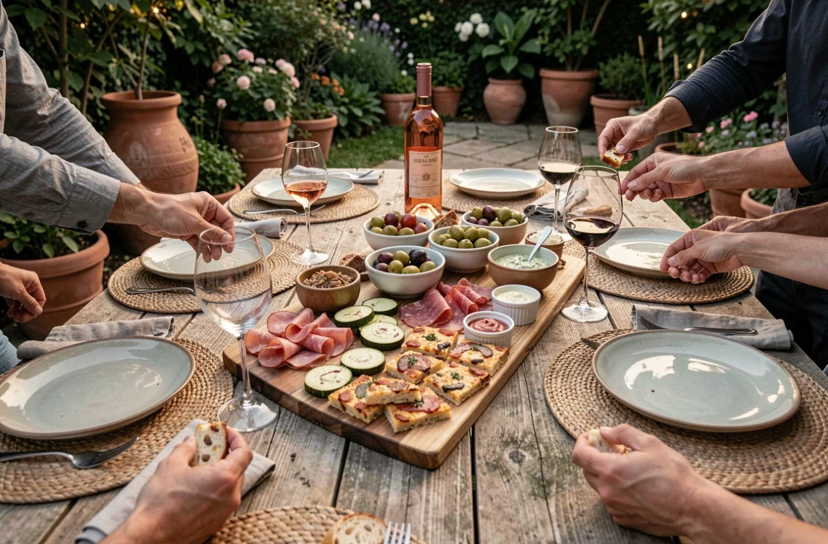 Table d'apéro dinatoire en terrasse avec plateau de pizzas à la courgette, olives, charcuterie et verres de rosé entre amis