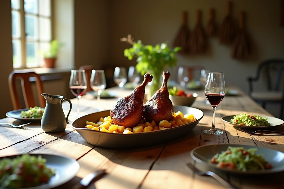 Table de repas dominical à la campagne avec confit de canard, pommes de terre sarladaises et salade frisée vinaigrette sur nappe fleurie vintage