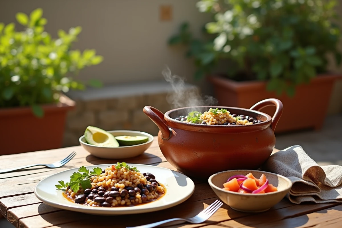 Table extérieure rustique avec pot d'argile rempli de riz et haricots noirs et accompagnements frais