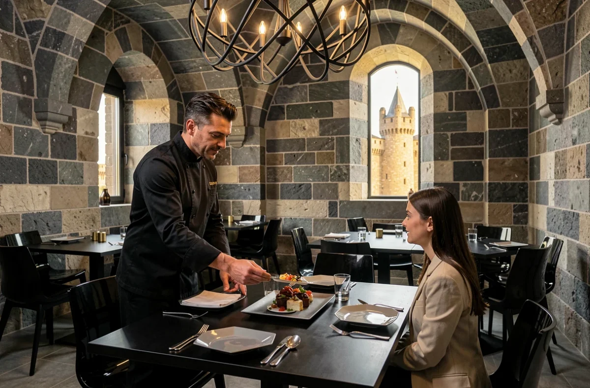 Chef de La Table de Franck Putelat présentant un dessert dans la salle contemporaine aux murs médiévaux de Carcassonne