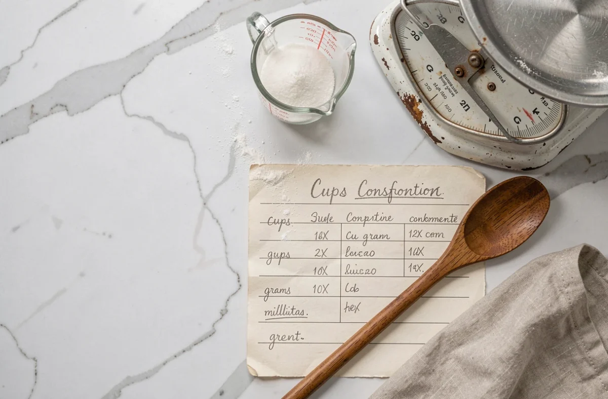 Vue aérienne de tasses à mesurer américaines avec balance de cuisine et tableau de conversion manuscrit sur marbre blanc