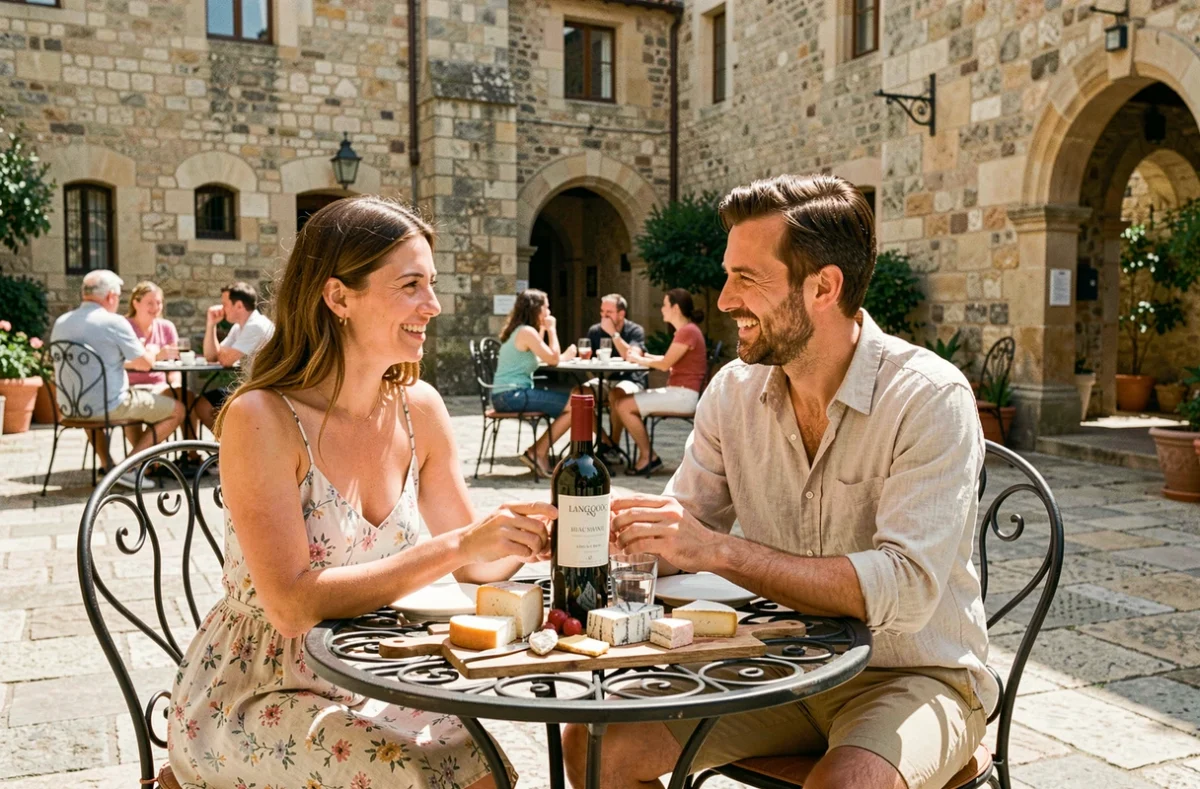 Terrasse ensoleillée d'un restaurant en centre-ville de Carcassonne avec couple dégustant fromages et vin rouge du Languedoc