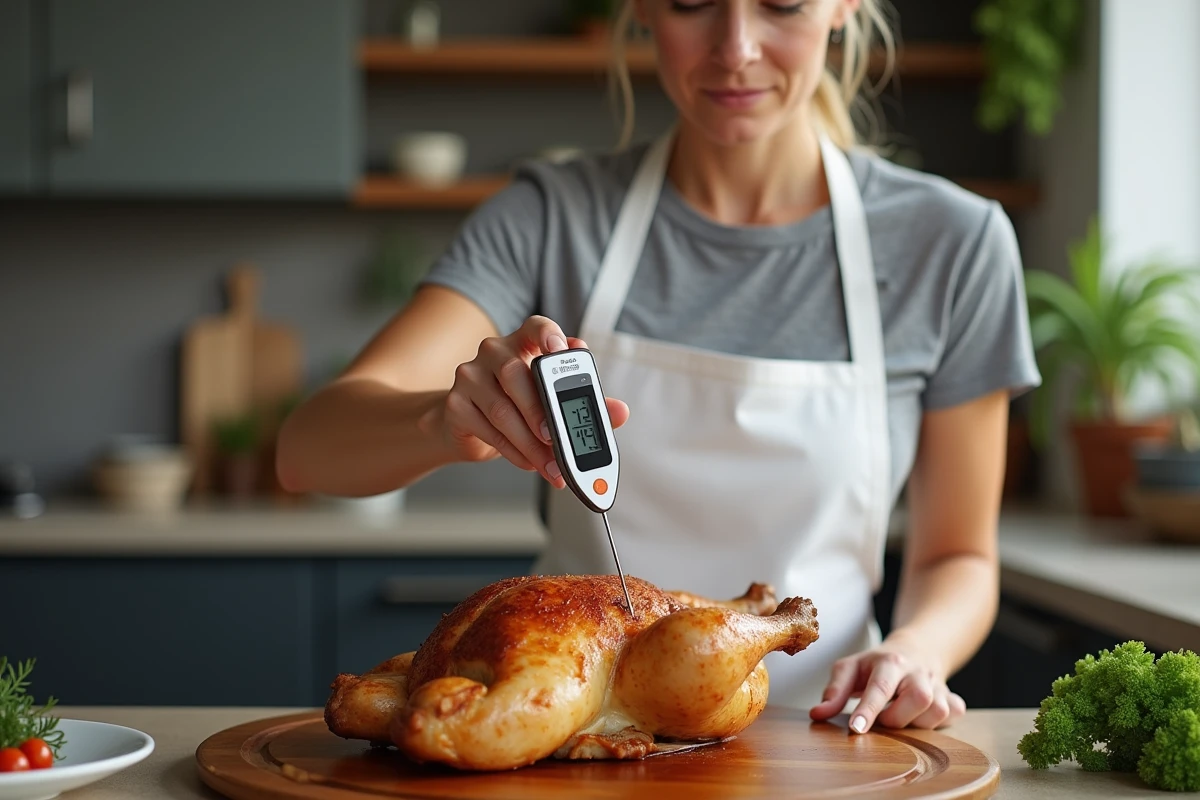 Femme utilisant un thermomètre de cuisine pour vérifier la cuisson d'un poulet rôti sur une planche à découper en bois