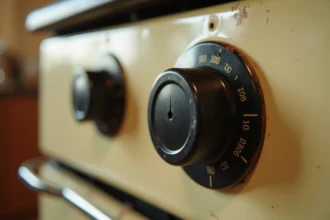 Gros plan sur le thermostat d'un four réglé à 200 degrés Celsius, cadran vintage en bakélite noire sur panneau émaillé crème