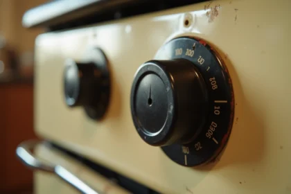 Gros plan sur le thermostat d'un four réglé à 200 degrés Celsius, cadran vintage en bakélite noire sur panneau émaillé crème