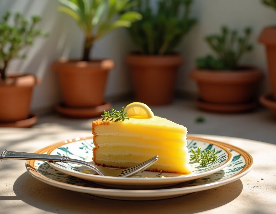 Tranche de gâteau espagnol au citron sur une assiette en céramique andalouse peinte à la main, servie dans une cour extérieure méditerranéenne avec décor en pierre et plantes en pot