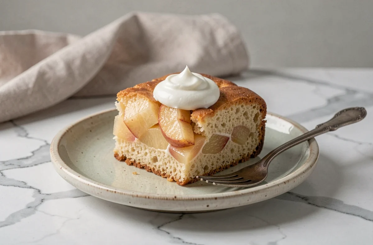 Tranche de gâteau au yaourt et pommes sans beurre sur assiette en céramique artisanale