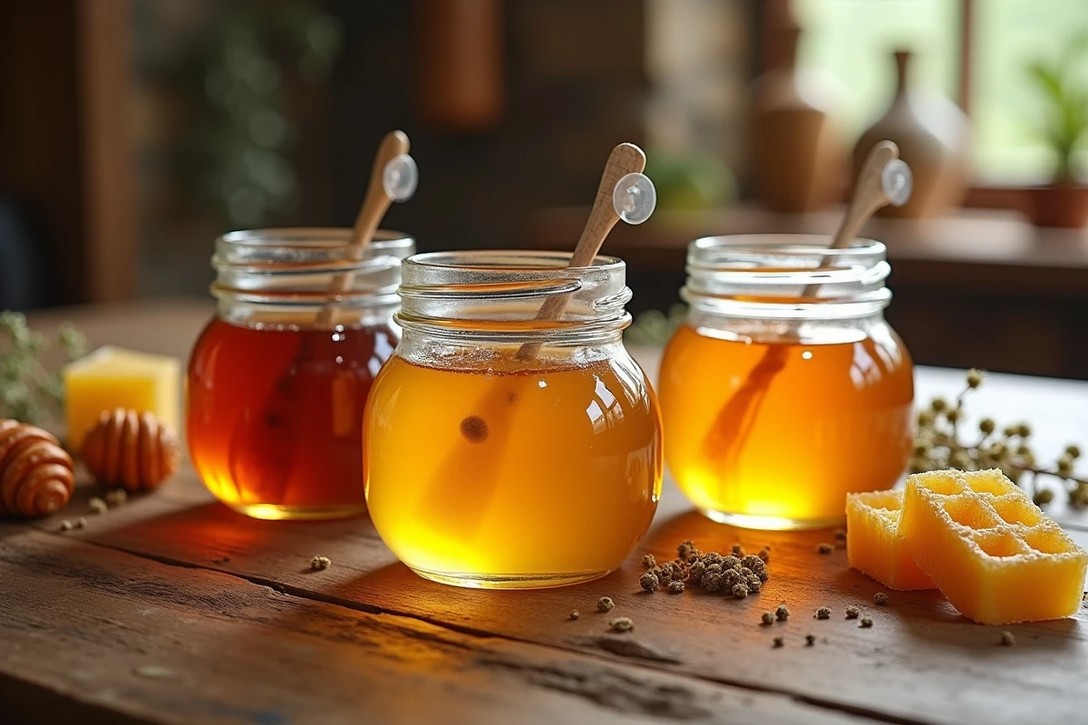 Trois pots de miel ouverts sur une table en bois rustique avec du miel de sarrasin, de fleurs sauvages et d'acacia, illustrant la richesse nutritionnelle des différents miels