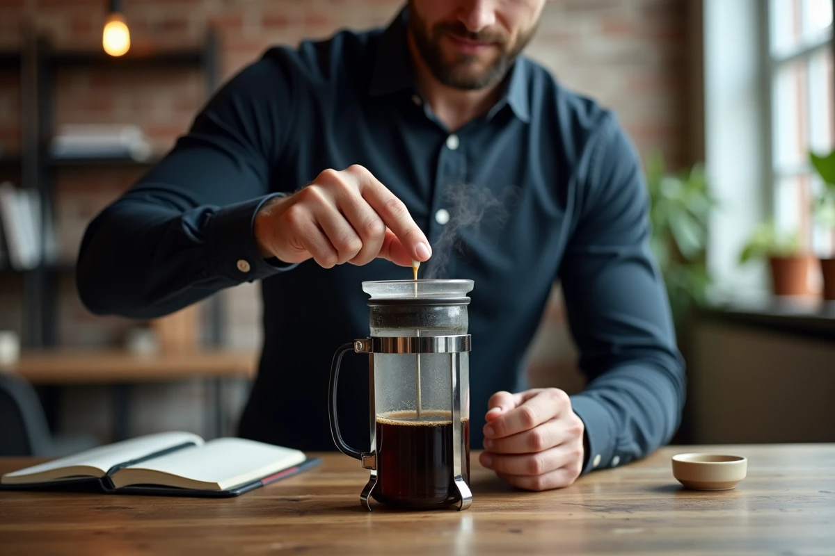 Homme appuyant sur le piston d'une cafetière à piston French press avec du café chaud qui monte en vapeur