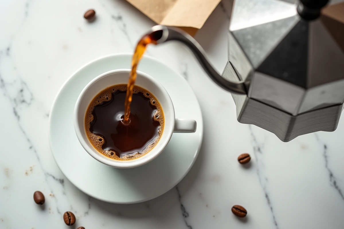 Café chaud versé d'une cafetière moka italienne dans une tasse en porcelaine blanche sur un comptoir en marbre
