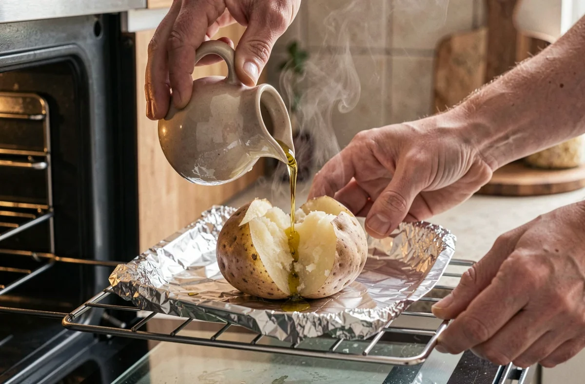 Mains versant de l'huile d'olive sur une pomme de terre au four encore fumante sortie du four