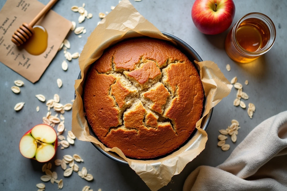 Vue du dessus d'un gâteau avoine doré dans son moule entouré de flocons, pomme et miel pour une recette de régime maison