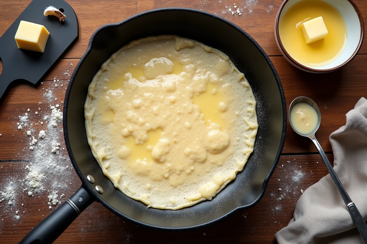 Vue de dessus d'une première crêpe pâle et irrégulière dans une poêle antiadhésive sur une table en bois rustique avec ustensiles de cuisine